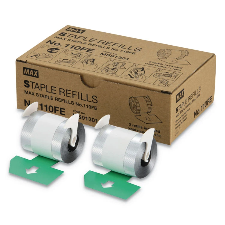 MAX Staple Refills No.110FE, 0.56" Leg, 0.5" Crown, Silver, 4,000/Cartridge, 2 Cartridges/Box, 8,000/Box